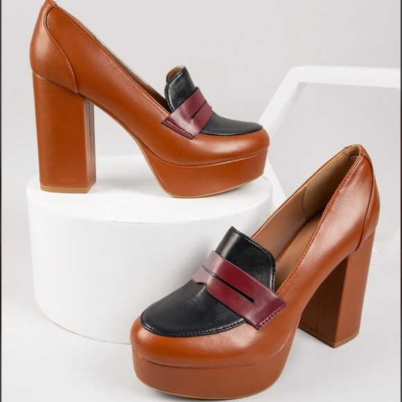 Tan Multi Color High Heel Platform Penny Loafer - Picture 3 of 6